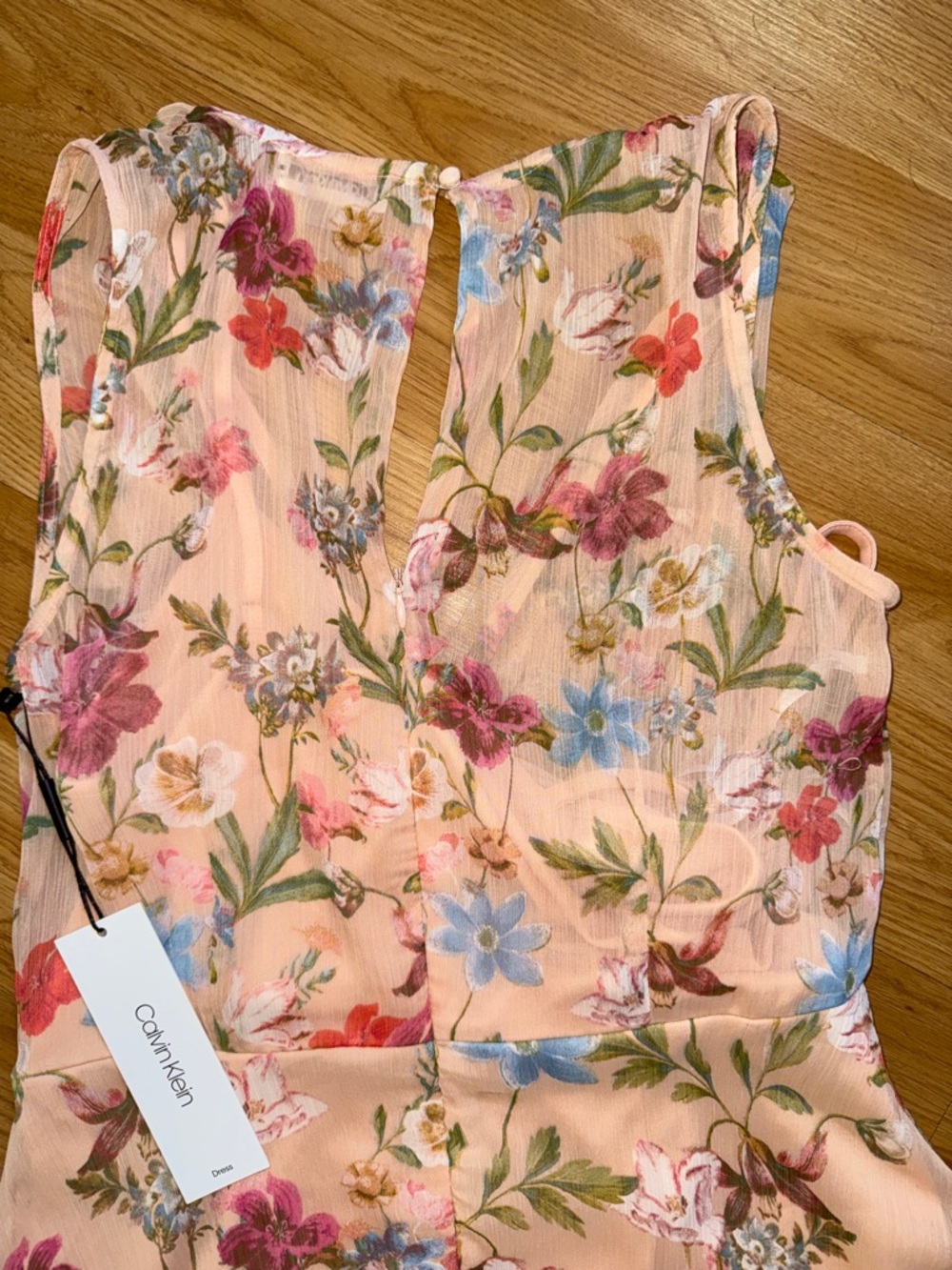 NWT Calvin Klein Peach Floral Sleeveless High-Low Sursplice Midi Dress - Picture 6 of 7